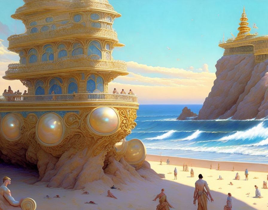 Golden palace on cliff overlooks classical beach scene