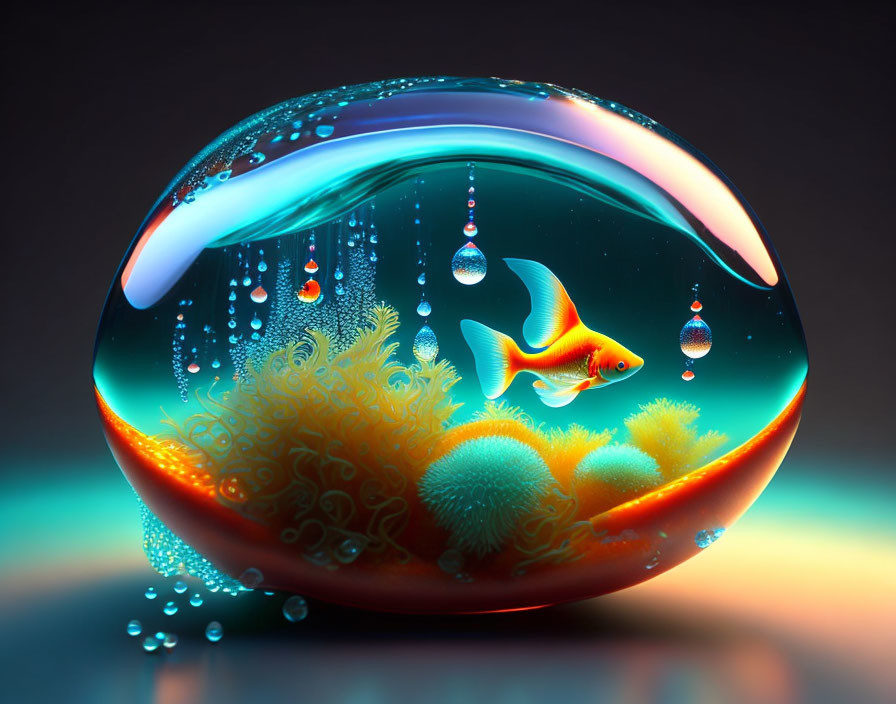 Colorful spherical aquarium with coral, fish, and water droplets on gradient background