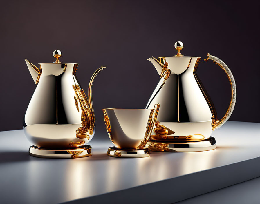 Glossy metallic tea set with golden accents on soft-lit table