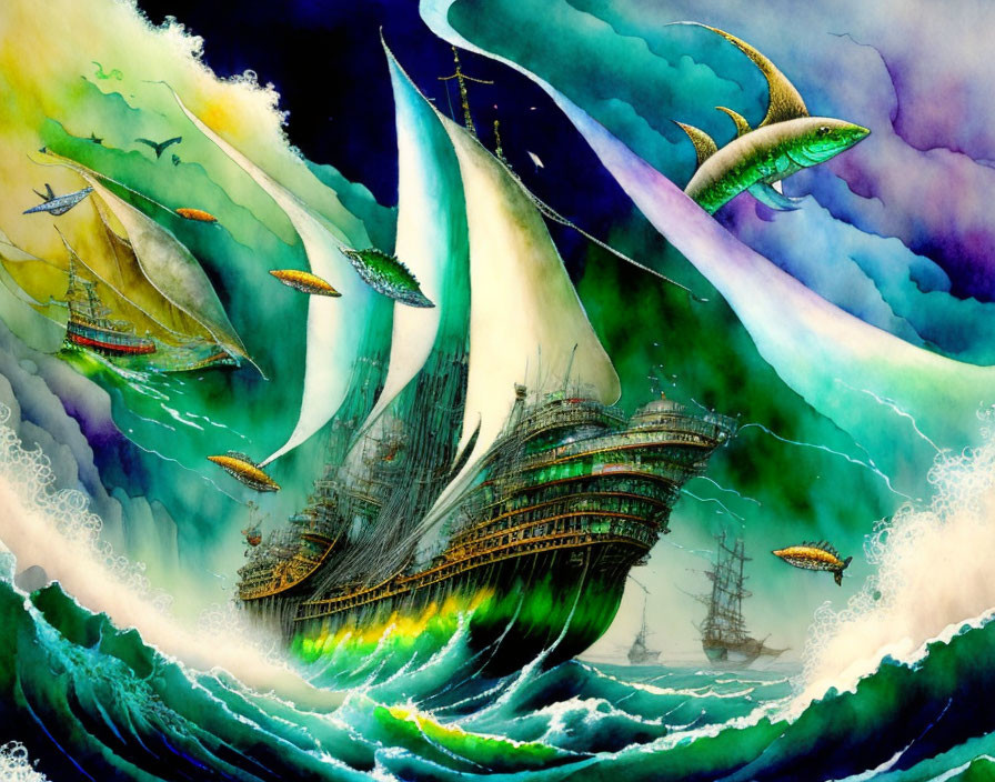 Fantastical surreal sea artwork with ships, flying fish, vivid colors, and lightning.