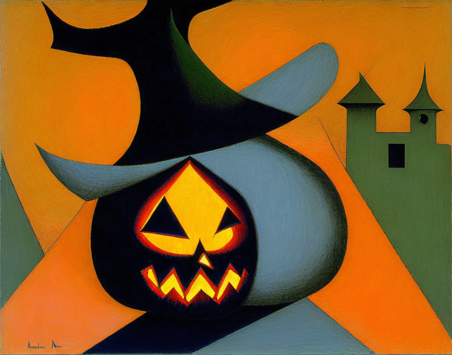 Abstract Halloween-themed artwork with jack-o'-lantern and castle silhouette on orange, yellow, and green