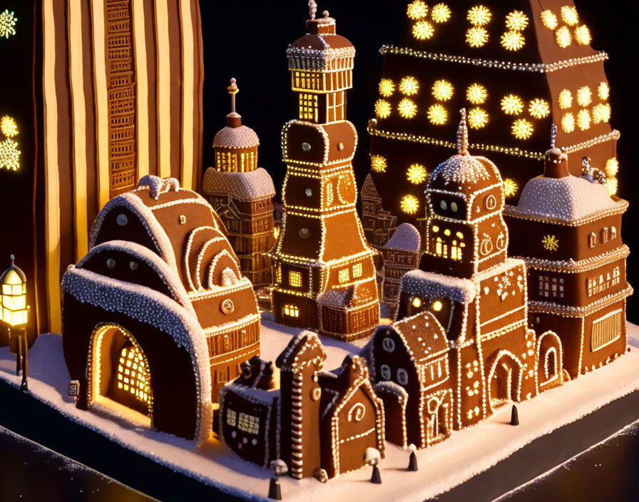 Illuminated Gingerbread Village with Intricate Icing Decorations