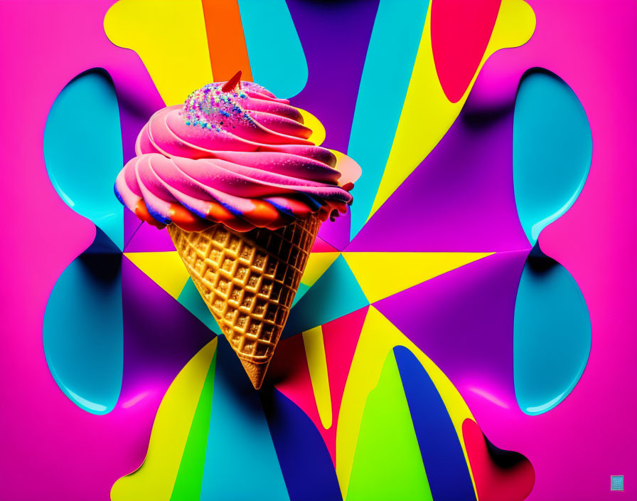 Colorful Ice Cream Cone on Abstract Kaleidoscopic Background