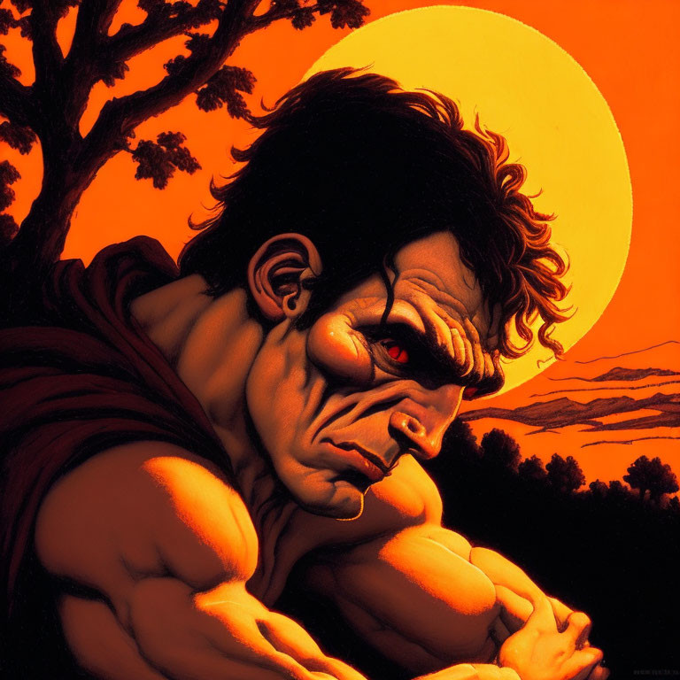 Muscular male superhero illustration at orange sunset