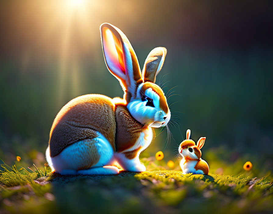 Two rabbits on grass with sunlight and flowers - nature scene.