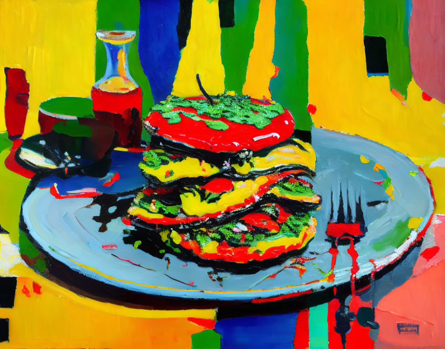 Vibrant layered burger painting on plate with abstract background and utensils