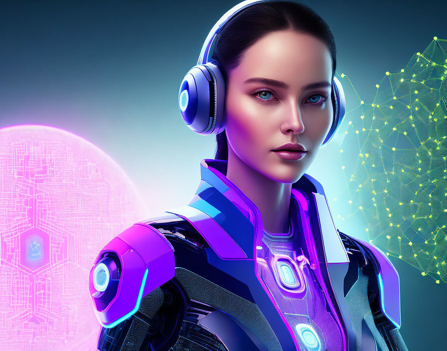 Futuristic female humanoid in blue and purple armor with headphones on neon digital background