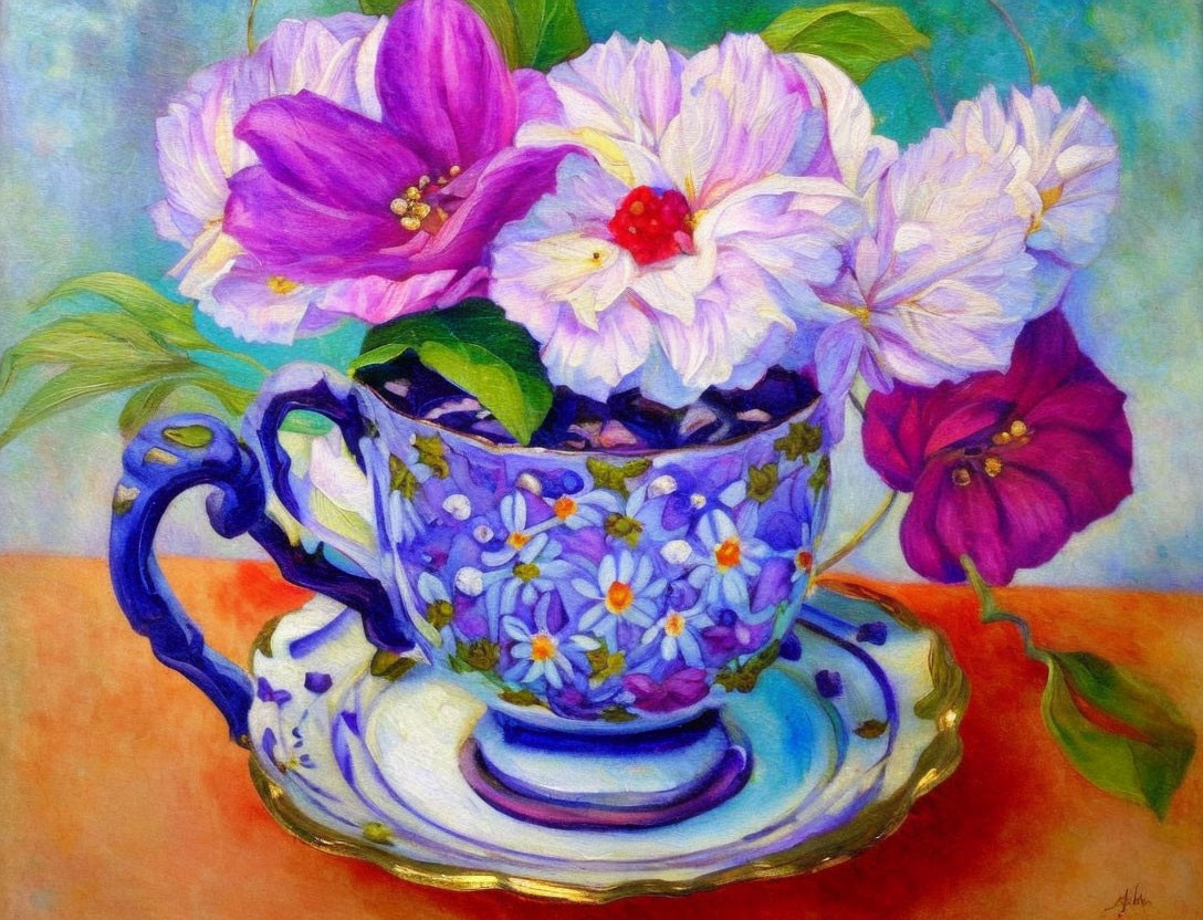 Colorful Floral Teacup Painting with Pink and White Flowers