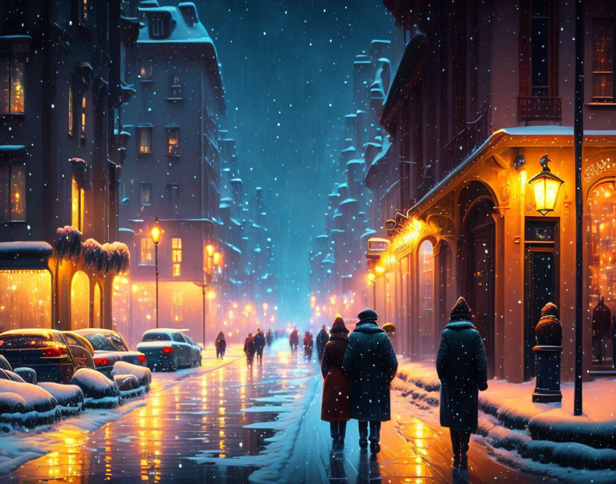 Snowy city street at night with people walking under street lamps and storefront lights.