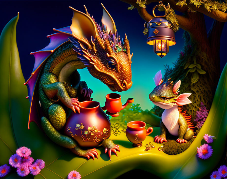 Vibrant fantasy dragon tea party in lush forest