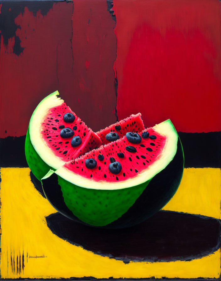 Colorful painting of sliced watermelon and blueberries on striped surface.