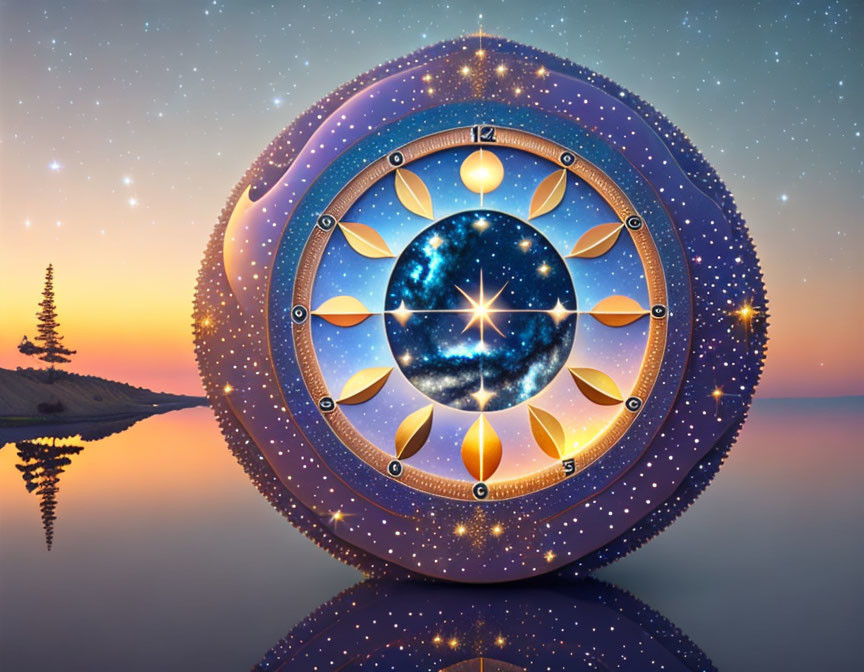 Surreal cosmic wheel with zodiac symbols in starry sky over tranquil waters