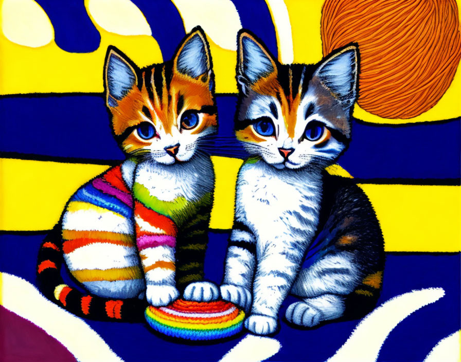 Colorful Cartoon Kittens with Striped Patterns on Abstract Background