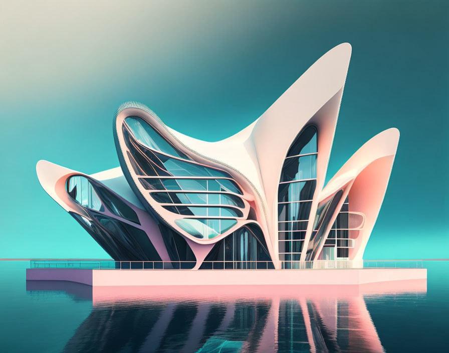 Futuristic building with organic shapes and pastel facade by calm waters