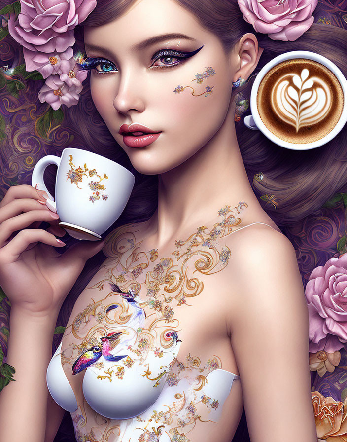 Illustrated woman with floral tattoos and coffee cup among vibrant roses