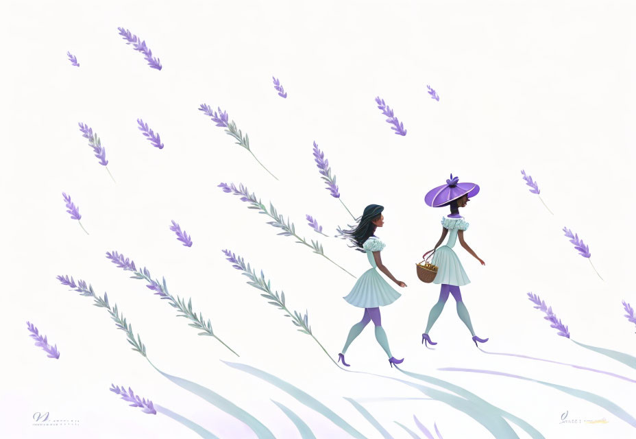 Stylized women in dresses and hats among purple flowers and shadows