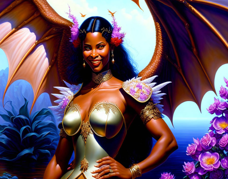 Fantasy female character with bat-like wings in golden outfit and floral accents on blue background.