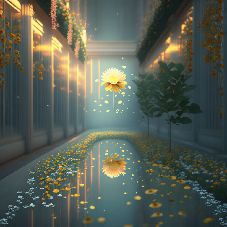 Enchanting hallway with golden light, floating flowers, and scattered petals