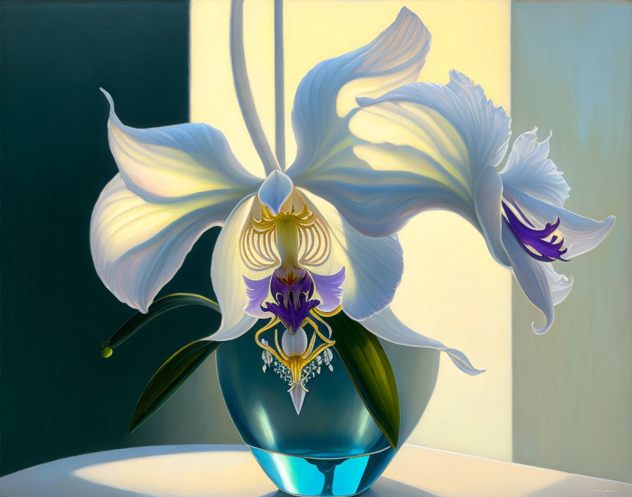 Large White Orchid Painting with Purple Accents in Blue Vase