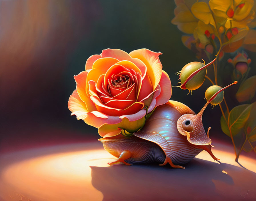 Colorful painting: Snail with rose shell on soft background.