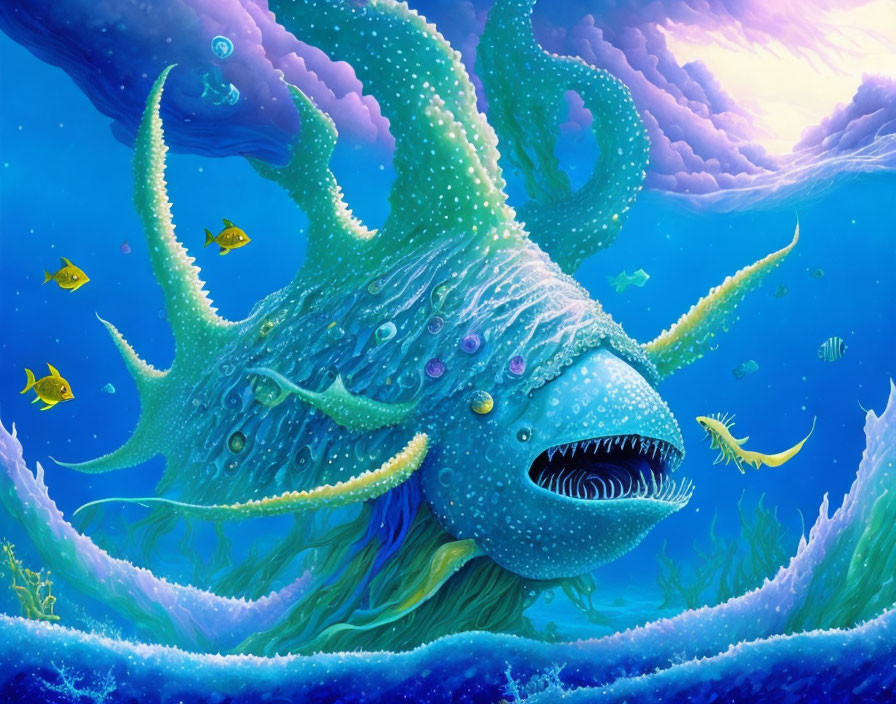 Colorful underwater scene with large green octopus-like creature, small fish, and jellyfish in deep