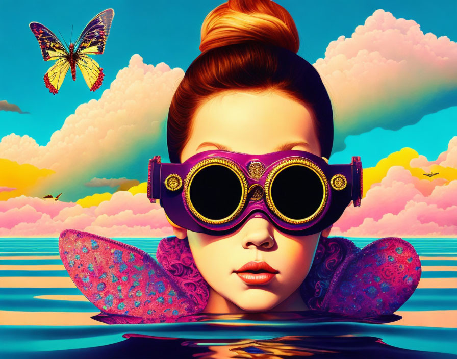 Stylized female illustration with goggles and butterfly in vibrant sky and ocean scene.