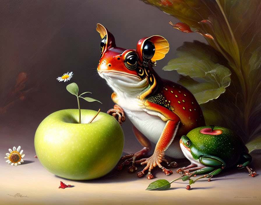 Colorful Frogs with Green Apple, Flower, and Butterfly Illustration