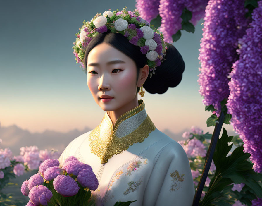 Asian woman with floral headdress and purple flowers in digital art