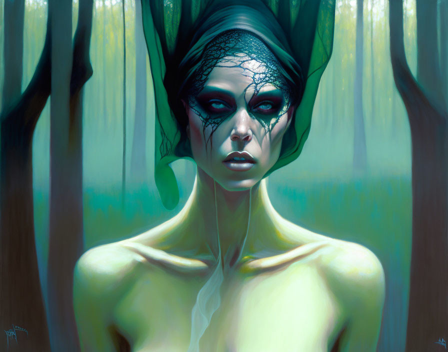 Pale-skinned figure veiled in green fabric with lace mask in ethereal forest.