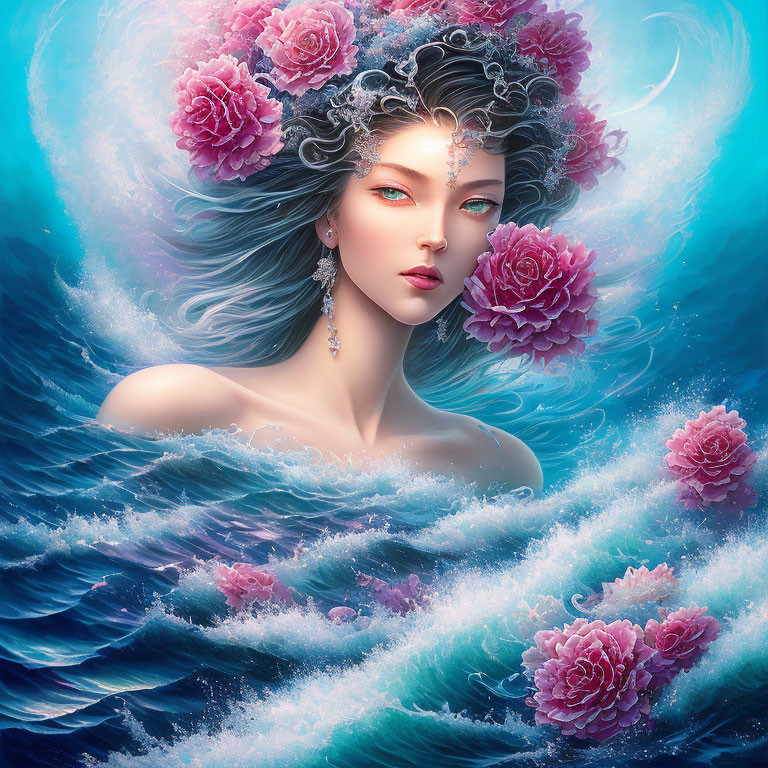 Fantastical portrait of woman with blue hair and pink rose crown against ocean backdrop