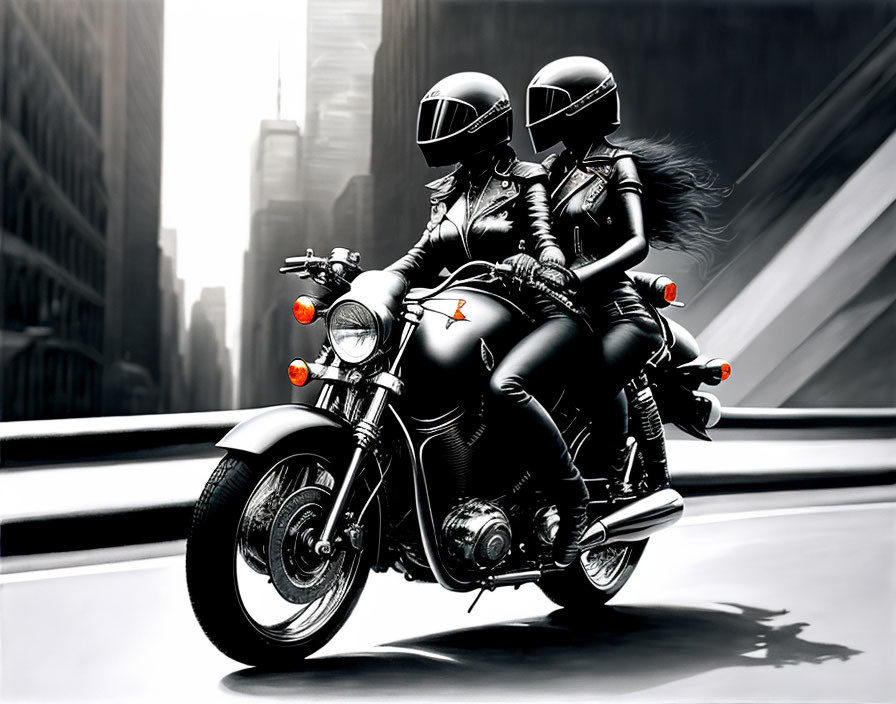 Two individuals in black suits and helmets on a motorcycle in a city with skyscrapers.