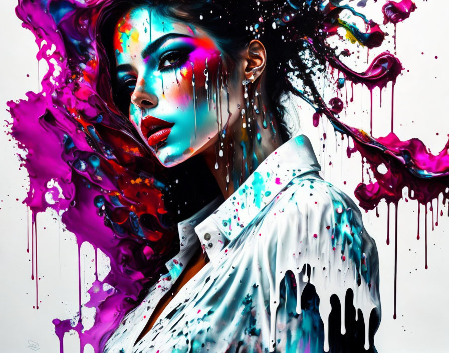 Colorful abstract artwork of a woman with paint splashes on face and white shirt