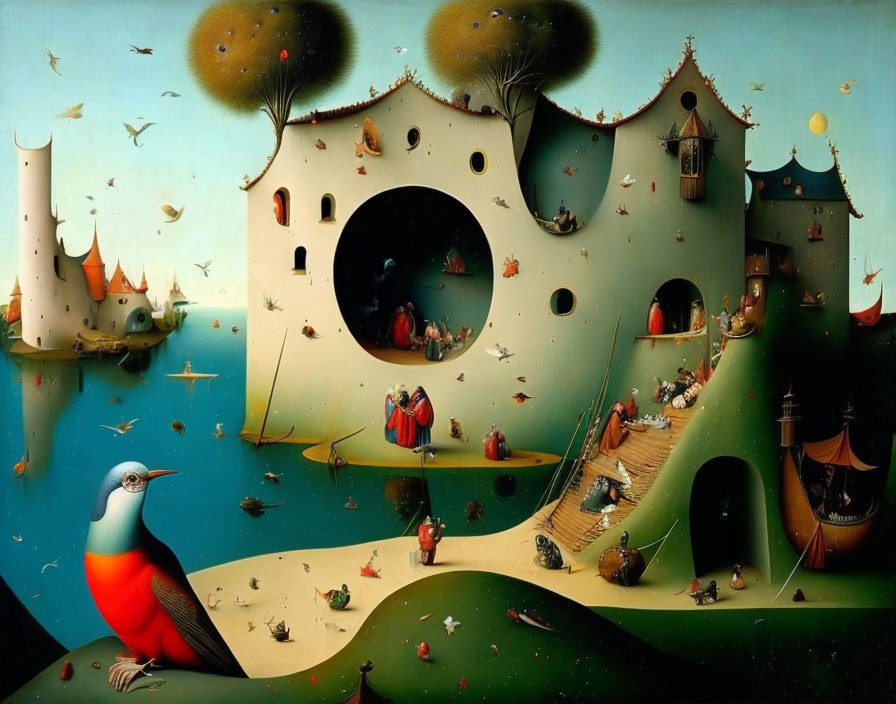 Surrealistic bird painting with fantastical structures and tiny human figures