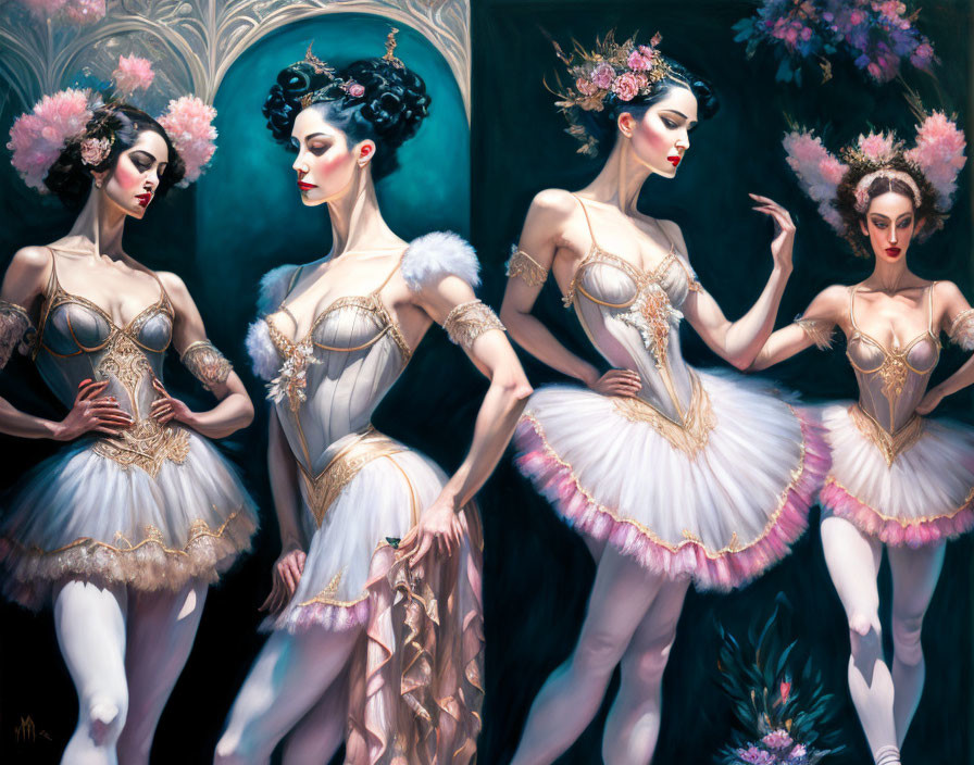 Four ballet dancers in ornate costumes against dreamlike background with floral motifs and soft palette.