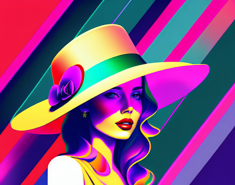 Colorful digital artwork of a woman in rainbow hat with rose on striped background