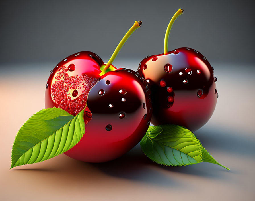 Three glossy cherries with stems and leaves on gradient backdrop.