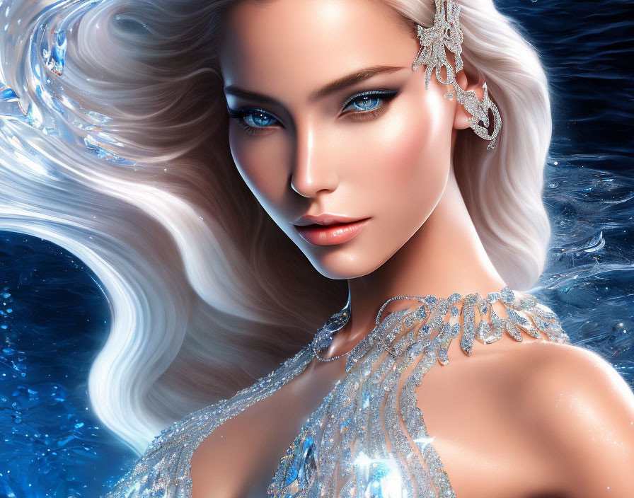 Illustration: Woman with White Hair, Blue Eyes, Silver Attire on Blue Background