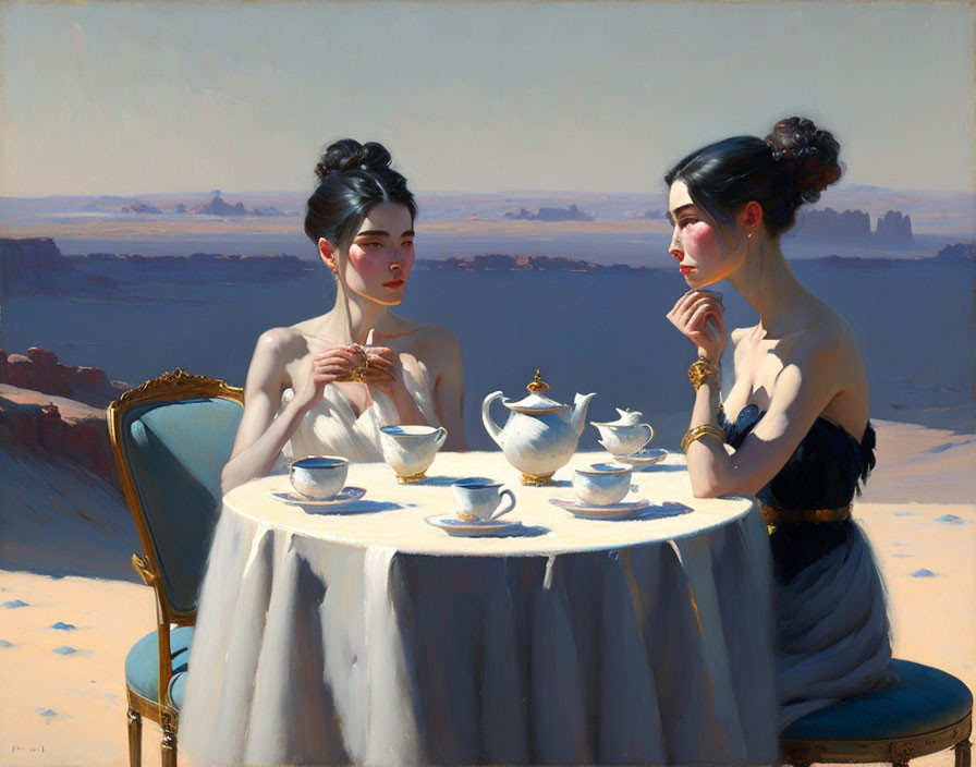 Two women at a table with tea set in desert landscape.