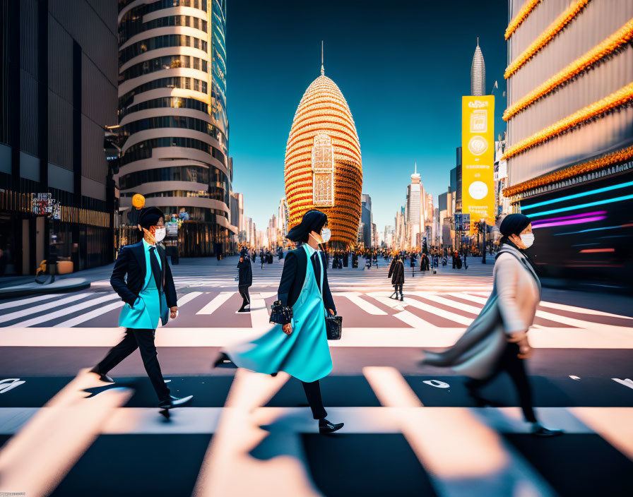 City street with modern skyscrapers and vibrant signage, pedestrians crossing under clear blue sky