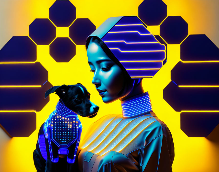 Futuristic woman in metallic attire with neon blue highlights holding a dog against honeycomb backdrop