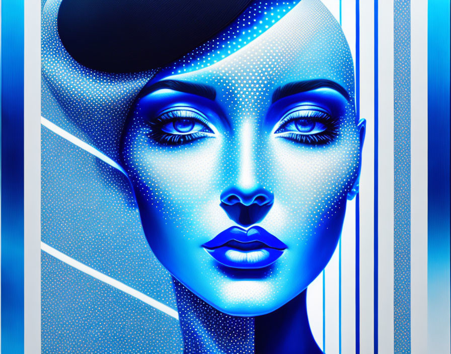 Blue-skinned woman digital illustration with dotted textures and glowing lines