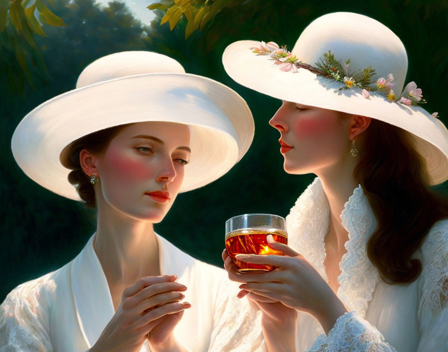 Two women in elegant white outfits with wide-brimmed hats in soft sunlight.