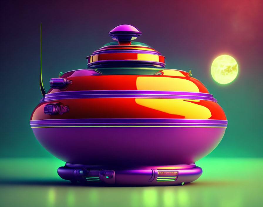 Colorful retro-futuristic spaceship against neon-lit background with stylized moon