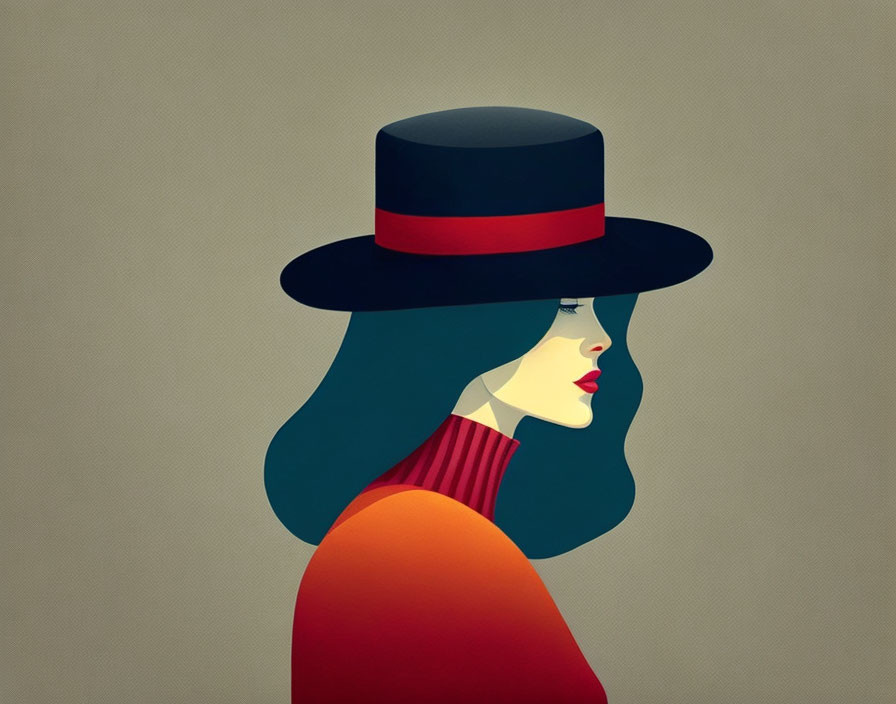 Stylized profile view of woman in red-orange turtleneck and wide-brimmed hat on