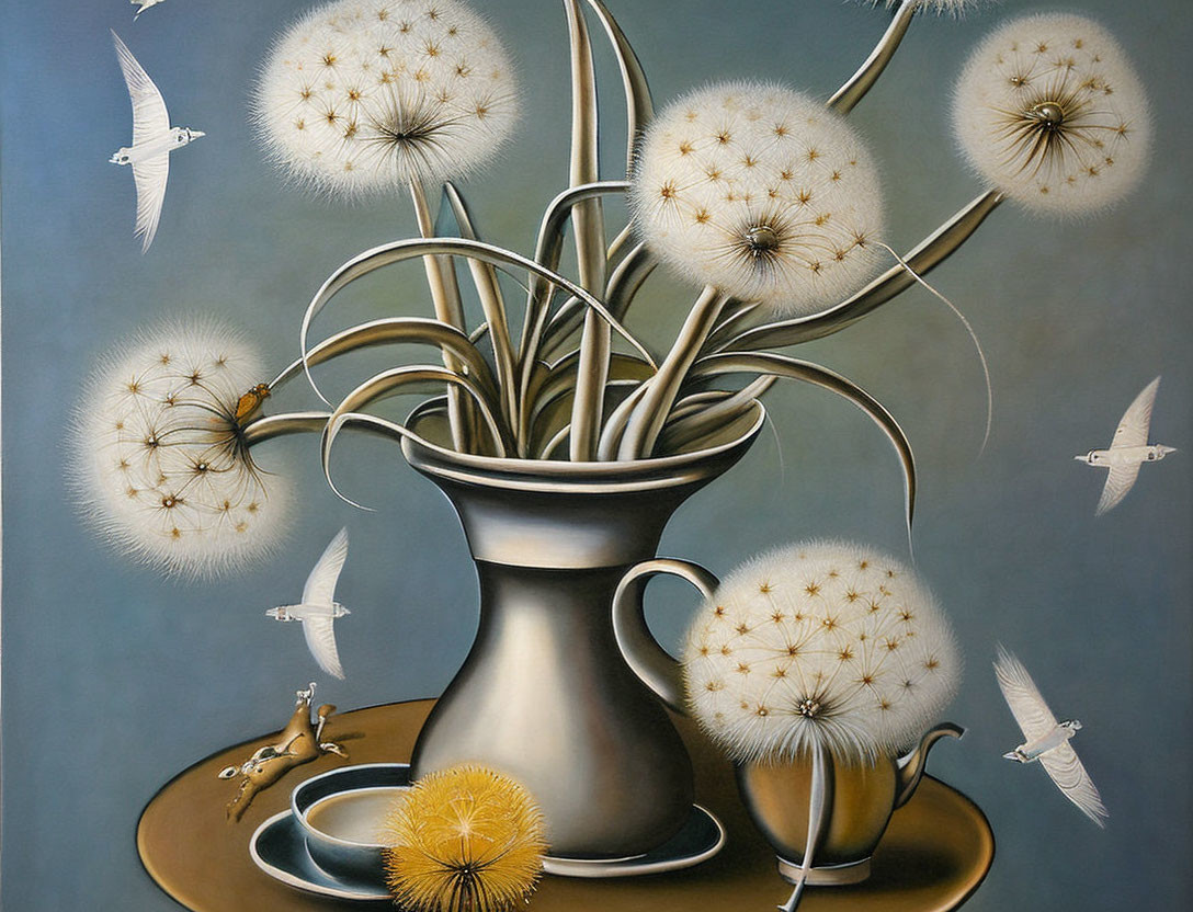 Surreal painting: Oversized dandelion seeds turning into birds with teapot