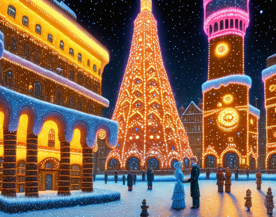 Snowy Christmas square with illuminated buildings and large tree