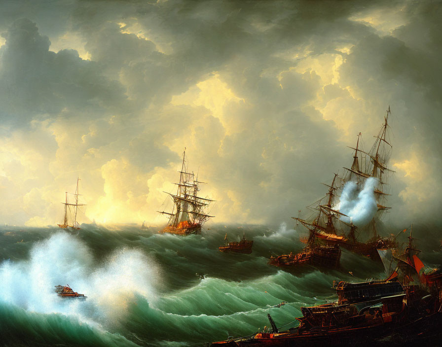 Dramatic sea battle with tall ships in stormy sky