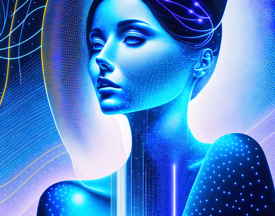 Cosmic-themed digital artwork of a woman in vibrant blue neon colors