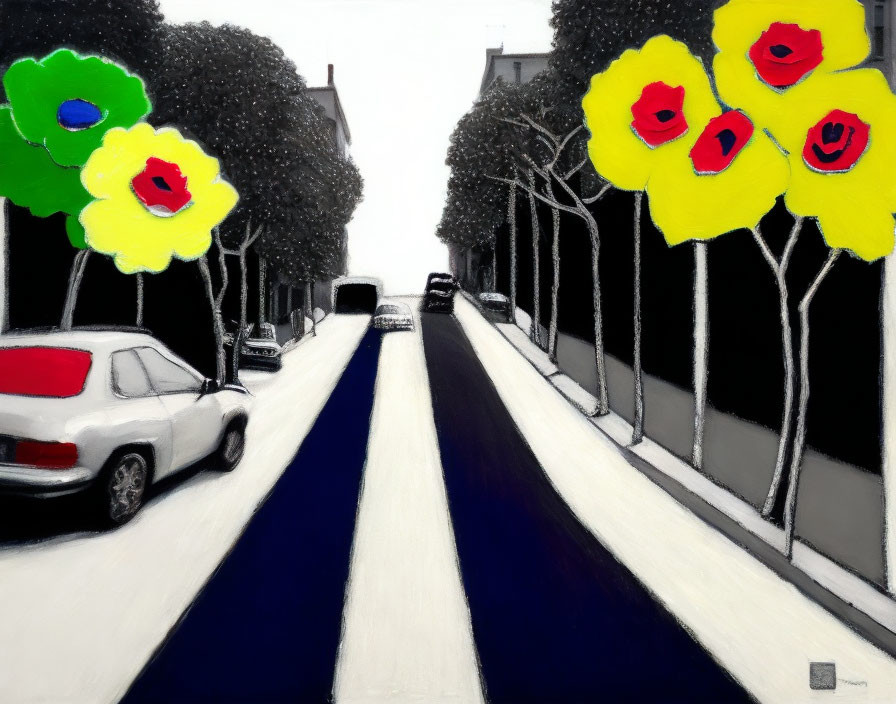 Colorful flower-headed trees in stylized street painting.