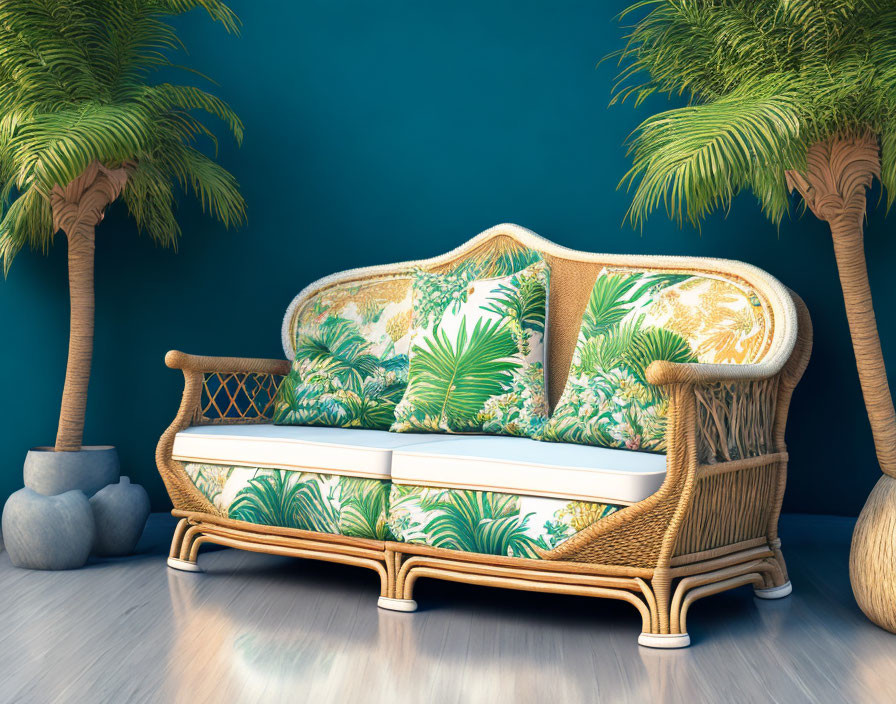 Tropical-themed living room with rattan sofa, palm-patterned upholstery, potted palm trees,